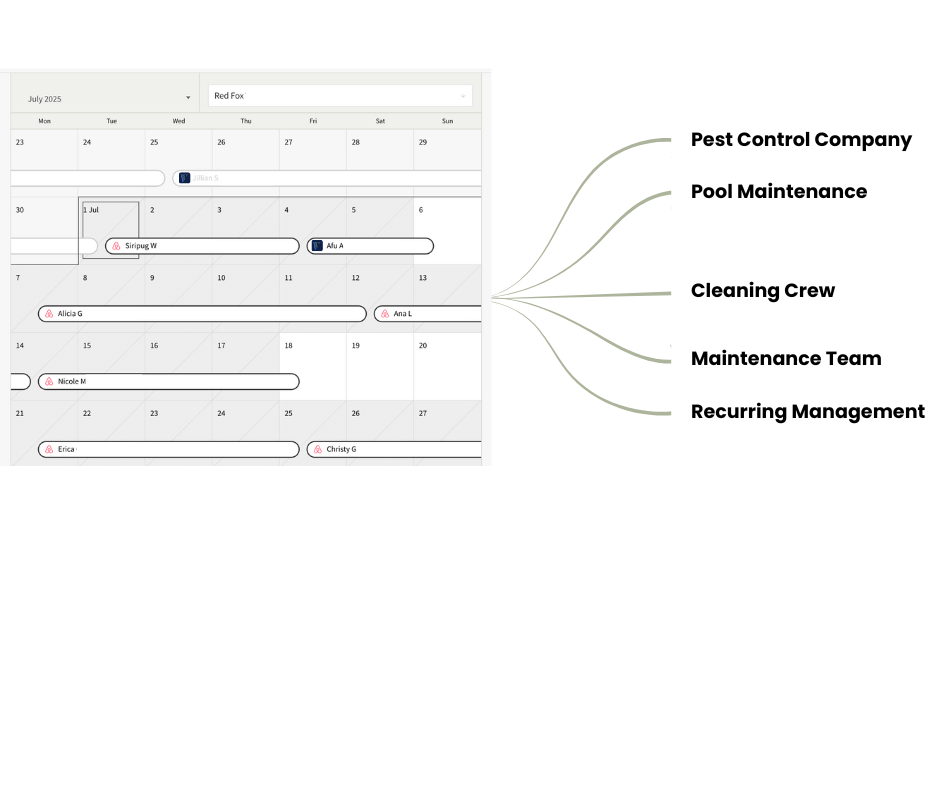 Booking calendar synced with pest control, pool maintenance, cleaning crew and maintenance team
