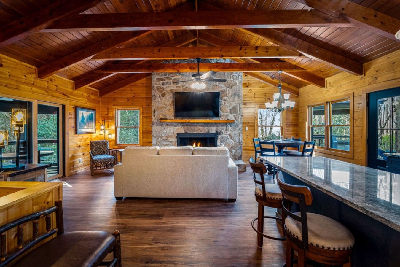 Maddron Bald Mountain Home living room with stone fireplace