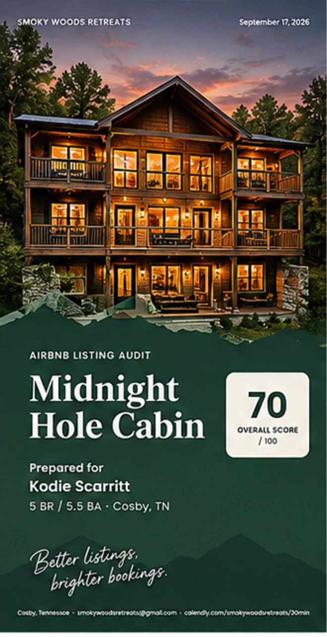 Sample Airbnb listing audit PDF cover with an overall score