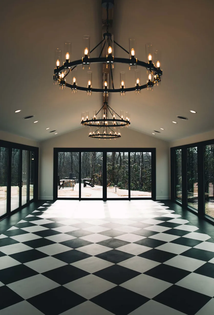 Grand Hall interior with iron chandeliers and a checkered dance floor