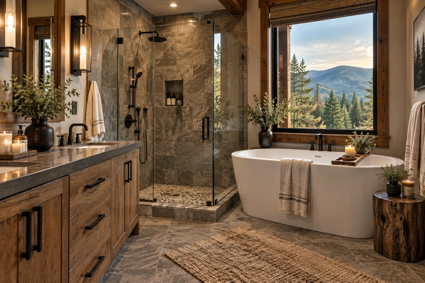 Clean cabin bathroom with soaking tub