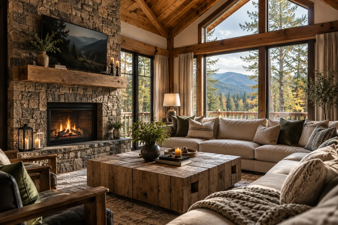 Spotless cabin living room with stone fireplace and mountain views